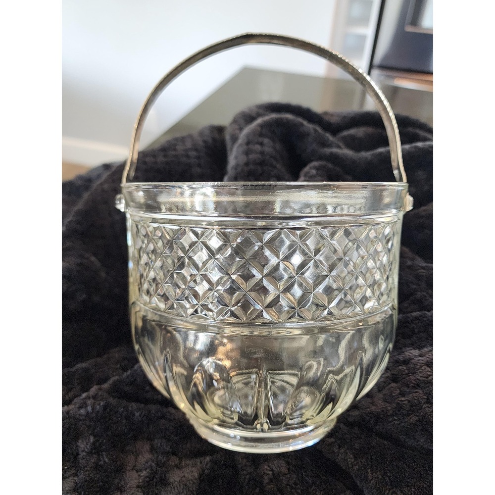 Vintage Pressed Glass Ice Bucket Diamond Pattern Mid-Century Barware
